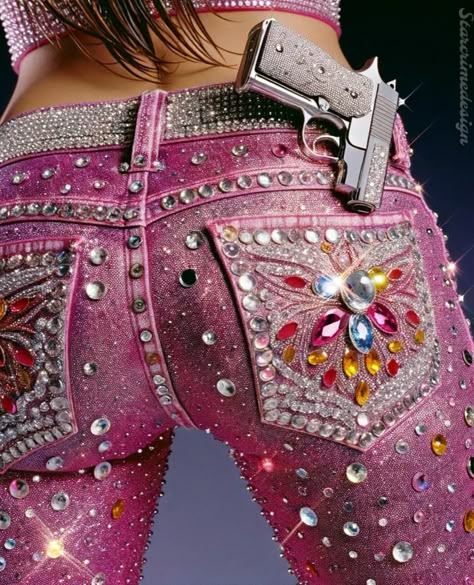 Bedazzled 💎 jeans and 🔫✨🎀 Inspired by the character, Mallory, in one of my favorite movies, Natural Born Killers. This prompt was found & tweaked through MJ alpha 6 & some from Dalle. AI really struggles with 🔫, still, but I suspect one day soon that won’t be an issue. Still, this one was fun.. some things are still not realistically proper but I’m gonna throw my perfectionism out the door (kind of have to with AI anyway) and share it. . . . . #bedazzled #bedazzledjeans #naturalbornkillers... 200s Magazine, Diy Bedazzled Jeans, Bedazzled Aesthetic, Bedazzled Clothes, Conceptual Portrait, Girly Backgrounds, Angelcore Aesthetic, Bedazzled Jeans, Pink Punk