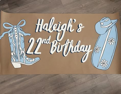 I love the way this “coastal cowgirl” banner came out!!🐚🌊 Western Banner Ideas, Cowgirl Birthday Banner, Coastal Cowboy Party, Banner Painting Ideas, Coastal Cowgirl Birthday, Coastal Cowgirl Party, Cake Shot, Busy Painting, 21st Birthday Banner