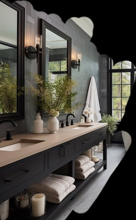 Master Bath Dark Tile, Guest Bathroom Ideas Dark, Masculine Master Bathrooms, Black Accent Master Bath, Men’s Dark Bathroom Ideas, Moody Master Bath Inspiration, Male Bathroom Ideas, Dark Bathroom Floors, Masculine Master Bath