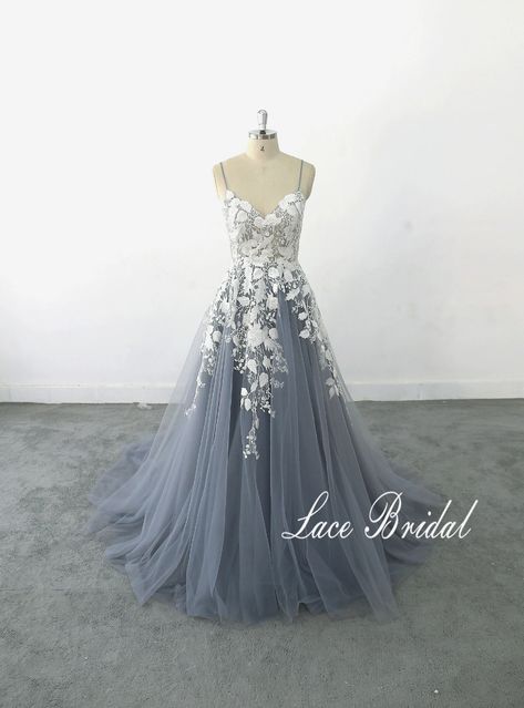 A-line Dusty Blue Tulle Lace Wedding Dress Romantic Lace - Etsy Shimmer Wedding Dress, Lace Wedding Dress Romantic, Lavender Wedding Dress, Light Gray Wedding, Ombre Wedding Dress, Blue Wedding Gowns, Tulle Lace Wedding Dress, Wedding Dress Romantic, Dark Blue Wedding