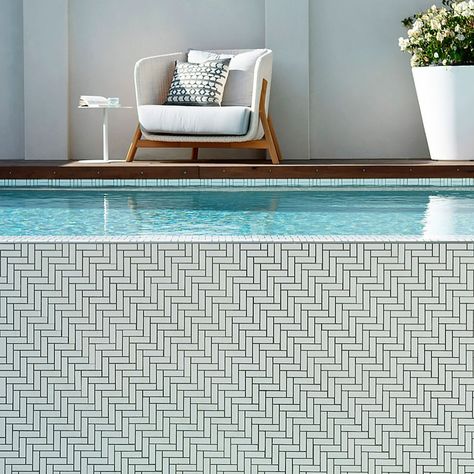 Collected Interiors on Instagram: “The white herringbone mosaic pool tiles are one of my absolute favourite selections at the #triggbeachhouse my clients and I were back and…” Pool Tile Designs, Pool Cabanas, Pool Pavers, Mosaic Pool Tile, Collected Interiors, Were Back, Swimming Pool Tiles, Pool Colors, Pool Tiles