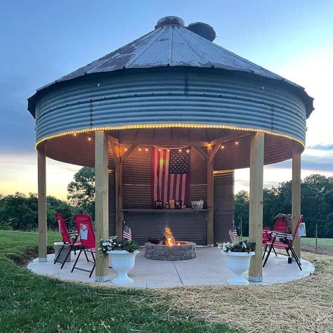 Grain Bin Bar, Grain Bin Gazebo, Bin Bar, Bin Gazebo, Gazebo Bar, Grain Bin House, Fire Pits Outdoor, Gazebo With Fire Pit, Silo House