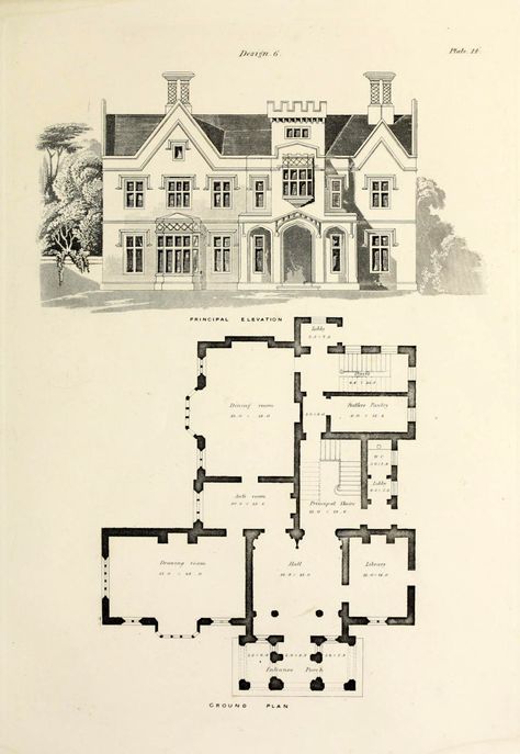 Design for a Gothic Revival country house Gothic Revival House Plans, Gothic House Plans, Gothic Revival Cottage, Gothic Victorian House, Gothic Revival House, Victorian House Plans, Cottage Plans, Mansion Floor Plan, Vintage House Plans