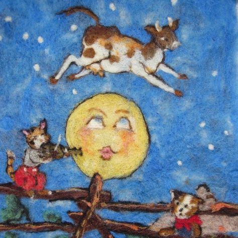 The Cow Jumped Over The Moon needle felted tapestry Cow Jumps Over The Moon, Cow Over The Moon Tattoo, The Cow Jumped Over The Moon, Whimsical Animal Paintings, Cow Jumping Over The Moon Tattoo, Felted Tapestry, Felt Tapestry, Cow Over The Moon, Cow Tapestry