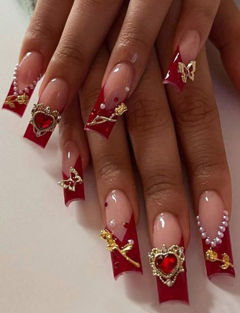 Red And White Wedding Nails, Royal Red Nails, Red Nails With Roses, Nails Acrylic Rose, Red White And Gold Nails, Red Nails Rose, Red Quince Nails, Red Nails With Gems, Red Birthday Nails