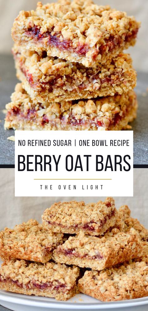 Berry Oat Bars with No Refined Sugar. Simple recipe, ready in less than 30 minutes. Raspberry preserves tucked inside layers of crumbly oat mixture. Perfect for breakfast or dessert! #breakfastbars #norefinedsugar Baking Recipes With Oats, Baking With Quick Oats, Things You Can Make With Oats, No Oven Breakfast Ideas, Homemade Oat Bars Healthy, Easy Oat Bars, Keto Dessert With Oats, Quick Oat Bars, Breakfast Dessert Gluten Free