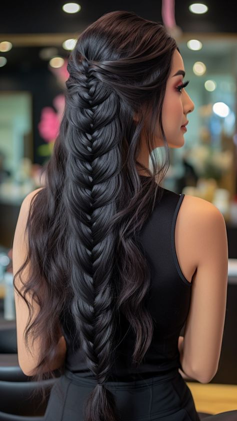 25 Fishtail Braid Hairstyles for Summer Days Long Black Braided Hair, Loki Inspired Hairstyles, Long Hairstyles For Straight Hair, Braids On Black Hair, Braid Variations, Rapunzel Braid, Httyd Oc, Curls Without Heat, Hot Hairstyles