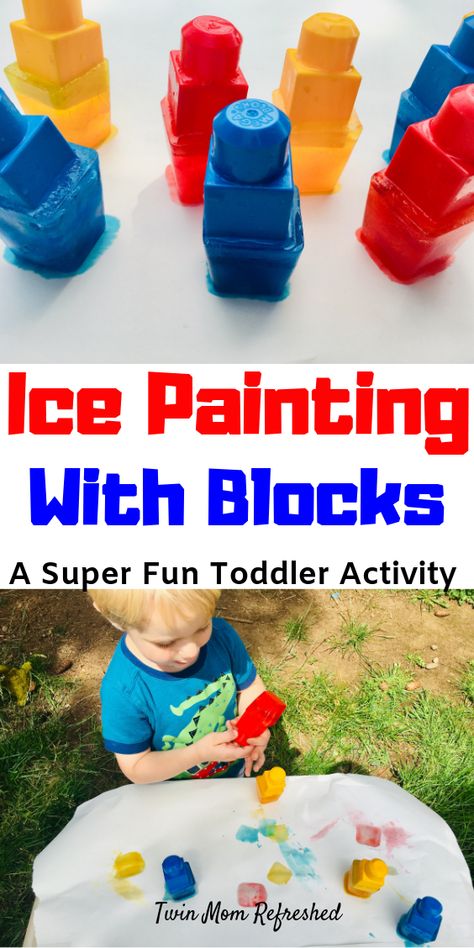 Ice Painting Activity for Toddlers - Twin Mom Refreshed Ice Block Painting, Block Activities For Toddlers, Summer Toddler Activities Daycare, Blocks Activities For Toddlers, Ice Painting Preschool, Sharing Activities For Toddlers, Ice Activities For Toddlers, Winter Toddler Activities, Painting With Ice