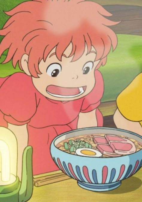 Ponyo. The dish: Ramen. The film: A heartwarming ham and noodle broth served to the scrappy goldfish princess by her new human friends. You will need: Ramen noodles, ham, egg, spring onions. Ponyo Anime, Tamako Love Story, Personajes Studio Ghibli, Studio Ghibli Background, Studio Ghibli Characters, Ghibli Artwork, Studio Ghibli Movies, Studio Ghibli Art, Ghibli Movies