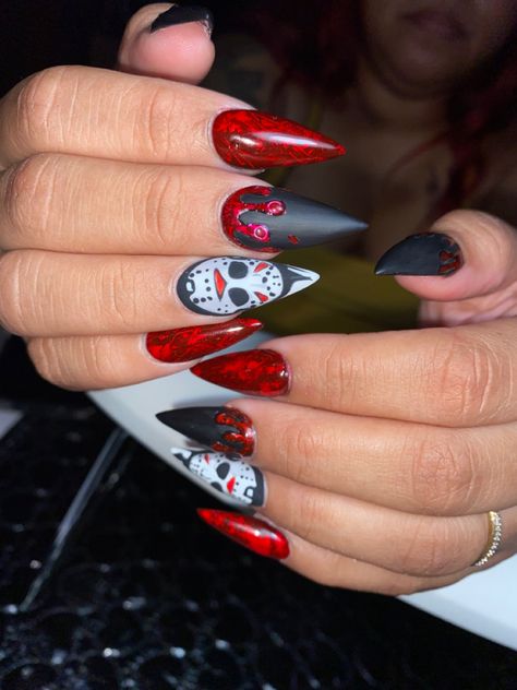 Jason Voorhees Nail Art, Jason Nail Art, Halloween Nails Jason, Jason Halloween Nails, Jason Voorhees Nails, Jason Nails Halloween, Freddy Krueger Nails, Friday The 13th Nails, Jason Nails