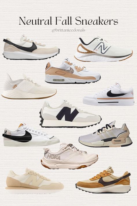 Tan sneakers collage with multiple tennis shoes on it. Tan Veja Sneakers Outfit, Tan Running Shoes, Beige Nike Shoes Outfit, Lifestyle Sneakers Women 2023, Neutral Color Tennis Shoes, Womens Fall Sneakers Outfit, Wearing Tennis Shoes To Work, Fall Outfits Sneakers Casual, Professional Outfits Women Tennis Shoes