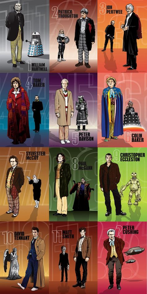 Doctors Everywhere Doctor Who Monsters, Doctor Who 12th Doctor, Doctor Who 11th Doctor, Doctor Who Poster, Matt Smith Doctor Who, Doctor Who Wallpaper, John Hurt, Peter Davison, William Hartnell