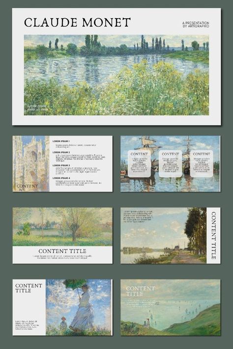 Claude Monet Canva Template. Order through our linktree! Template | Powerpoint | aesthetic | powerpoint background design| powerpoint template ideas | template aesthetic | PPT ideas| Presentation | Canva | Claude Monet | water lilies | impressionism | ppt template ideas | free template | minimal | canva font combinations | oil paintings #ppttemplate #powerpoint #ppt #aesthetic #pptideas #graphicdesign #canvatemplatedesign Powerpoint Inspiration Aesthetic, Powerpoint Flower Background Design, Artistic Powerpoint Design, Presentation Slides Aesthetic, Ppt Design Ideas School, Canvas Ppt Ideas, Aesthetic Canva Slides, Multimedia Presentation Ideas, Canva Aesthetic Template Presentation