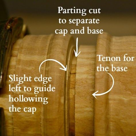 The parting tool makes the tenon, parting cut, and small ridge in a turned box Turned Boxes, Turning Wood, Wood Projects Plans, Woodworking Store, Bowl Turning, Woodworking School, Wood Turning Lathe, Turning Projects, Lathe Projects