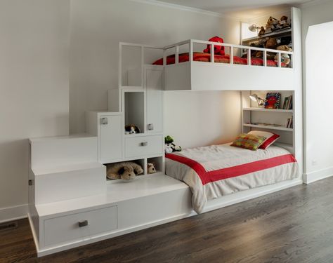 That would be an awesome bed for sisters/brothers or just for a child to have an extra bed for friends to sleep over.  I would have loved that bed! Contemporary Bunk Beds, Design Ložnic, Modern Bunk Beds, Casa Clean, Cool Bunk Beds, Bunk Beds With Stairs, Bunk Bed Designs, Space Bedding, Decor Ikea