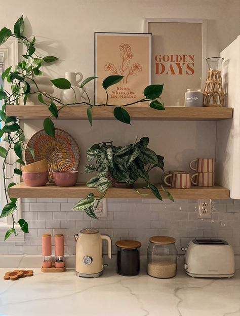 Room Inspo Kitchen, Kitchen Shelf Decor Colorful, Decorating Ideas For The Home Colorful, Small Buffet Decor, Kitchen Apt Decor, Nature Kitchen Decor, Minimalistic Kitchen Decor, Kitchen With Plants Decor, Cute College Kitchen