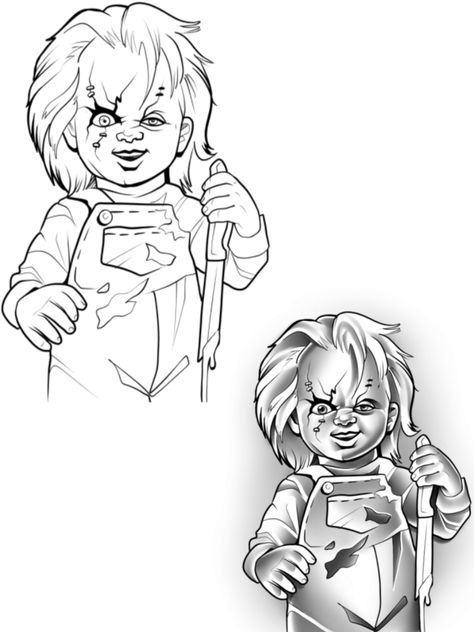 Chuckie Tattoo Design, Chucky Vs Chuckie Tattoo Stencil, Chucky Tattoo Outline, Chucky Doll Tattoo, Chucky Stencil, Chucky Doll Drawing, Chucky Drawing Easy, Chucky And Tiffany Drawing, Chucky Sketch