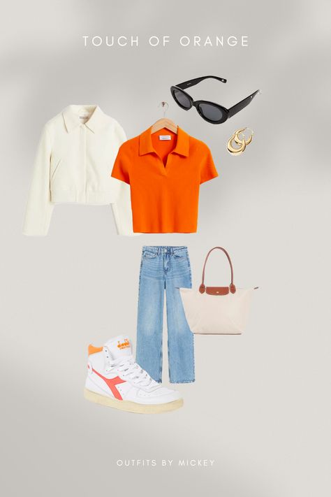 Outfit inspo with orange accents How To Style Orange Top, Orange Top Outfit Ideas, Orange Outfit Ideas, Orange Top Outfit, Orange Shirt Outfit, Top Outfit Ideas, Colorful Outfit, Longchamp Bag, Orange Outfit