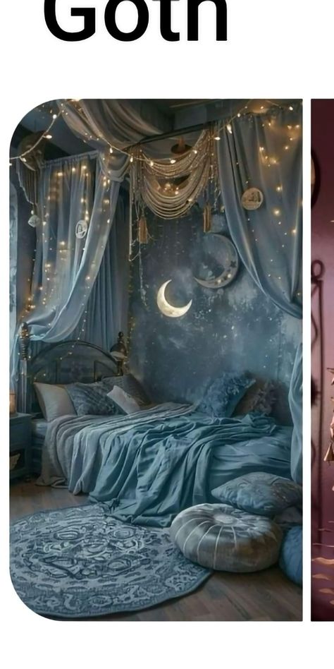 Midnight Blue Room, Dark Celestial Aesthetic Bedroom, Dark Blue Witchy Bedroom, Night Themed Bedding, Gothic Astrological Bedroom, Night Sky Bedroom Fairy, Celestial Room, Madrid Apartment, Bed Nook