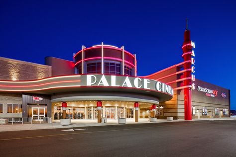 The Marcus Palace Cinema in Sun Prairie is a brand new state-of-the-art modern cinema with 12 auditoriums, designed by TK Architects International #cinemadesign Cinema Exterior Design, Cinema Exterior, Cinema Building, Internal Comms, Cinema Architecture, Googie Architecture, Exterior Facade, Cinema Design, Bloxburg Builds