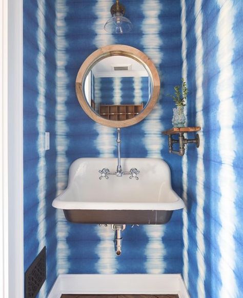 Gaelle Dudley on Instagram: "Wallpaper Wednesday 💙" Wallpapered Powder Room, Antique Wall Shelf, Wallpaper Powder Room, Coastal Interior Design, Hanging Rattan, Coastal Interior, Painted Vanity, Farmhouse Coastal, Coastal Interiors Design