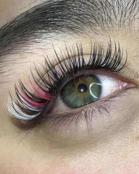 Lash Color Eyelashes, Pink And White Eyelash Extensions, Pink And White Lash Extensions, Lash Extensions With White Lashes, Lashes With Pink In Them, Lash Extensions With White, Eyelash Extensions With Pink, Eyelash Extensions With White, Eyelash Extensions Styles With Color