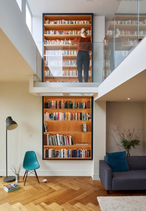 Modern Home Library Ideas, Library Design Home, Home Library Aesthetic, Modern Home Library, Contemporary Family Room, Contemporary Lounge, Room London, Library Aesthetic, Double Height