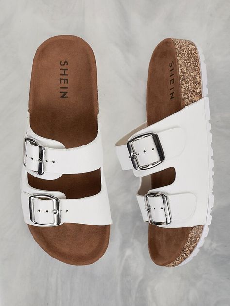 Free Returns ✓ Free Shipping On Orders $49+ ✓. Double Buckle Cork Footbed Slide Sandal WHITE- Women Flat Sandals at SHEIN. Trendy Slippers For Women, Girly Sandals, Sandals Aesthetic, Strap Sandals Flat, Trendy Slippers, Slippers Outfit, Cork Footbed Sandals, Women Slippers Fashion, Women Flat Sandals