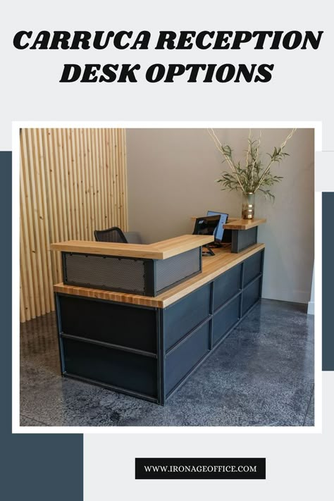 Reception Desk For Two People, Trendy Reception Desk, Reception Desk Makeover Diy, Gym Front Desk Reception Areas, Gym Desk Reception Areas, Commercial Reception Desk, Built In Reception Desk, Reception Desk Makeover, Front Lobby Decor Reception Areas