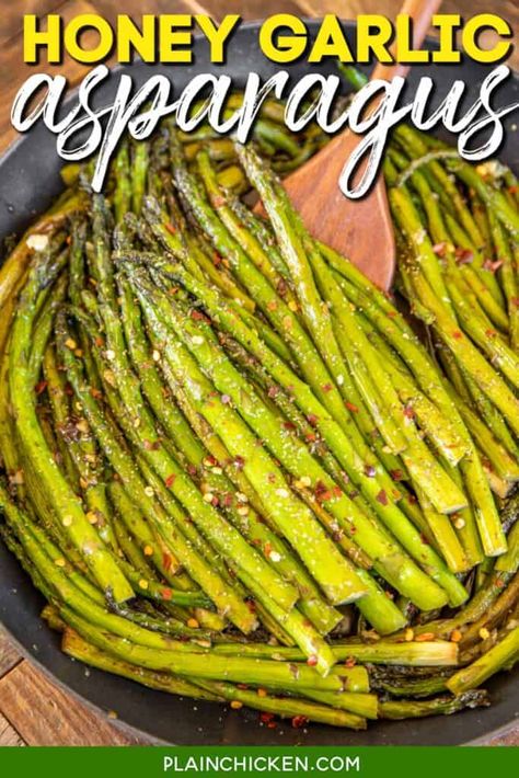 Honey Garlic Asparagus - Plain Chicken French Onion Pork Chops, Garlic Asparagus, Baked Asparagus, Butter Honey, Plain Chicken, Fresh Asparagus, Pork Tenderloin Recipes, Roasted Asparagus, Asparagus Recipe