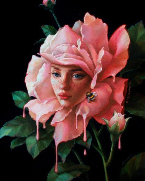 Happy D Artist Painting, Flower With Face Drawing, Face With Flowers Drawing, Realistic Painting Ideas, Flower Face Art, Surrealism Ideas, Happy D Artist, Aestethic Wallpaper, Tutorials Art