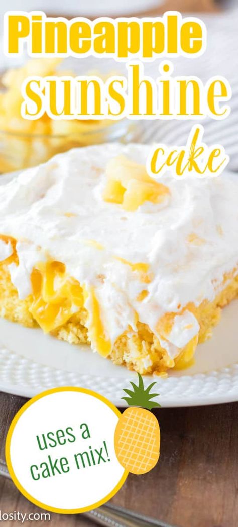 Pineapple Sunshine Cake Pineapple Sun Shine Cake, Southern Pineapple Sunshine Cake, Pineapple Surprise Cake, Pineapple Cake Mix Ideas, Pineapple Summer Cake, Pineapple Poke Cake Easy, Easy Pineapple Cake Recipe, Pineapple Cake Mix Recipes Duncan Hines, Hawaiian Cake Recipe