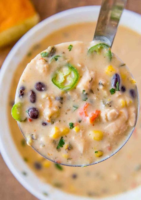 Creamy Chicken Poblano Pepper Soup made with red bell peppers, corn, black beans, roasted poblano peppers and lime finished off with a bit of cream. #poblanosoup #spicyfood #poblano #soup #dinnerthendessert Poblano Soup Recipe, Creamy Chicken Poblano, Chicken Poblano Soup, Chicken Poblano, Poblano Chicken, Poblano Soup, Poblano Peppers Recipes, Poblano Sauce, Chicken Chowder