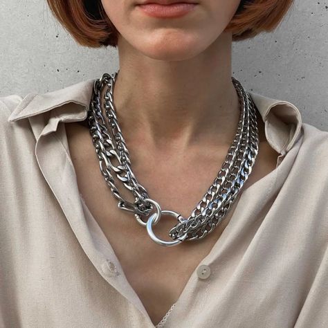 ⛓️Introducing our Oversized Multi-Chain Statement Necklace, a perfect blend of elegance and edge. Featuring a sleek Figaro chain and textured rock-inspired Cuban links, it complements any outfit. Model: @aggeliki.fratzi Outfit: @pagosmio_store #multichain #chainnecklace #silvernecklace #chunkyjewelry #handmadejewelry #anangelshug Dopamine Jewelry, Chain Necklace Outfit, Indian Bridal Jewelry Sets, Chunky Jewelry, Bridal Jewellery Indian, Figaro Chains, Figaro Chain, Jewelry Brand, Bridal Jewelry Sets