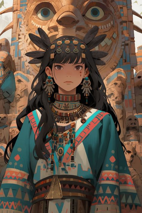 Aztec Anime Priestess: Discover the enchanting fusion of ancient civilizations and the anime world in this mesmerizing image! Aztec Concept Art Character Design, Anime Priestess Character Design, Aztec Anime, Aztec Character Design, Anime Priestess, Fantasy Priestess, Aztec Queen, Aztec Architecture, Aztec Princess