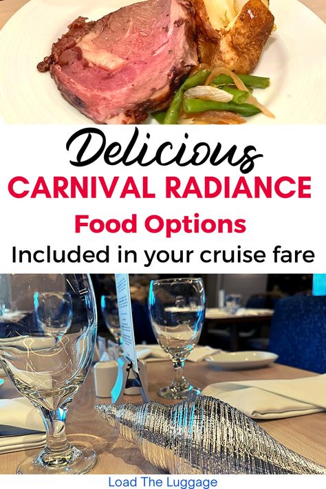 Delicious Carnival Radiance food options included in your cruise fare.  Top image is prime rib and bottom is the Carnival Radiance main dining room Carnival Radiance Ship, Carnival Cruise Food, Carnival Radiance, Carnival Cruise Tips, Lamb Pasta, Cruise Rooms, Carnival Cruises, Carnival Cruise Ships, Cruise Food