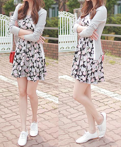 Amazing first date dress! :) Casual Dress Sneakers Outfit, Spring Sundress Outfits, Dress And Cardigan Outfit Summer, Sweet Girl Outfits, Summer Dress With Cardigan, Date Outfit Ideas, Sundress Outfit, Cute Asian Fashion, Dress Date