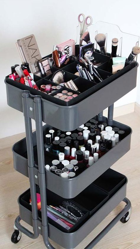 Change your makeup vanity from messy to fabulous chic with these ideas that will match your taste and personality. #DIY #makeup #storage 3 Tier Cart Makeup Organization, Ikea Makeup Storage, Raskog Ikea, Nail Organizer, Makeup Cart, Ikea Raskog Cart, Diy Makeup Organizer, Ikea Makeup, Ikea Cart