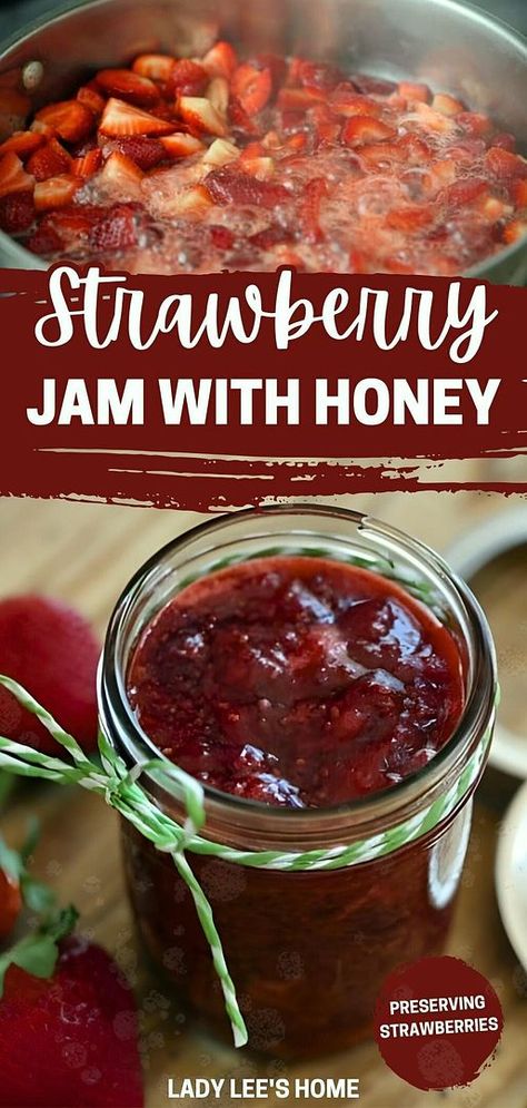 Strawberry jam with honey and strawberry recipes & preserving strawberries blend perfectly in this delightful recipe. Discover how to make jam without pectin, using just strawberries, honey, and chia seeds for a healthier twist. This easy-to-follow recipe is great for beginners and preserves the fresh flavors of summer beautifully. Find more fruit preserves, home canning recipes, and water bath canning recipes at ladyleeshome.com Strawberry Honey Jam, Strawberry Jam With Honey, Homegrown Strawberry Recipes, Preserve Recipes, Home Made Strawberry Jam, Preserving Strawberries, Strawberry Canning Recipes, Strawberry Preserves Recipe, Canning Strawberry Jam