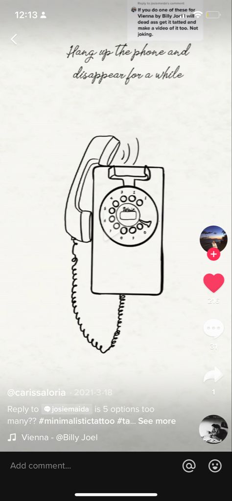 Take The Phone Off The Hook Tattoo, Pay Phone Tattoo, Phone Off Hook Tattoo, Landline Phone Tattoo, Phone Off The Hook Drawing, Phone Off The Hook Tattoo, Retro Phone Tattoo, Tattoos Inspired By Vienna Billy Joel, Billy Joel Inspired Tattoos