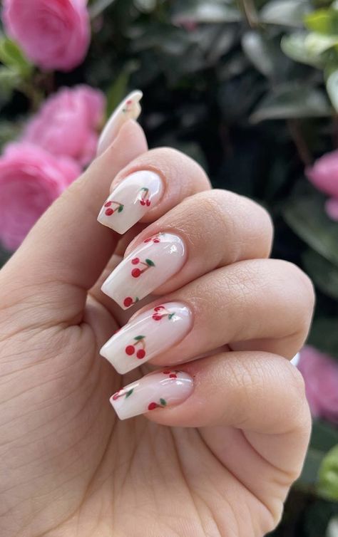 White Nails With Cherry Design, Cherries Nail Art, Spring Nails Cherry, Spring Nail Art 2024, Summer Nails Cherry, Nails Cherries, Nails With Cherries, Nails With Cherry, Nails Cherry