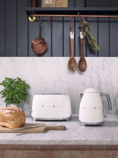 All White Smeg's Collection For Classic Kitchen Appliances | Home Design And Interior Smeg Kettle, Smeg Toaster, Smeg Kitchen, Smeg Appliances, Kitchen Appliance Storage, 50s Retro, Outdoor Kitchen Appliances, Kettle And Toaster, Toasters