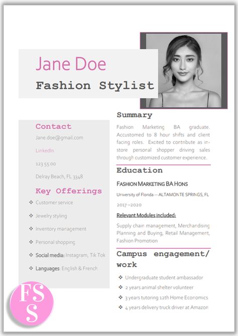 Need an Entry Level Fashion Stylist Resume Template? This creative resume comes recommended by recruiters. For more entry level resume tips & templates visit our website. Features * matching Cover Letter * Letter & A4 size * Word format * With photo * grey & pink resume design * pastel pink resume #creativecvideas #fashionresumetemplate Fashion Resume Examples, Fashion Cv Template, Cv For Fashion Designer, Resume For Fashion Designer Fresher, Fashion Cv Examples, Fashion Designer Cv Creative Resume, Fashion Designer Resume Creative, Cv Fashion Designer, Fashion Stylist Resume