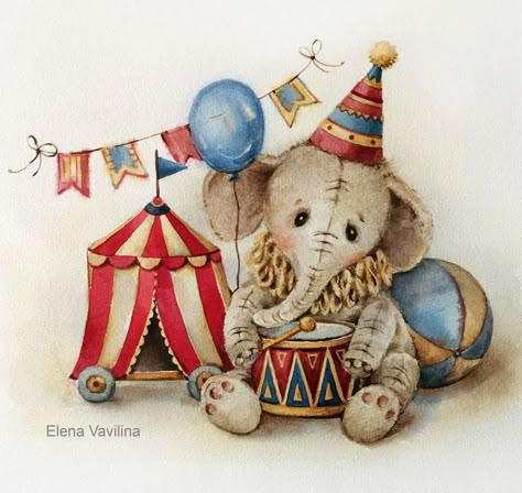 Bee Artwork, Aquarelle Art, Elephant Illustration, Cute Animal Illustration, Circus Animals, Baby Clip Art, Artist Illustration, Circus Theme, Vintage Circus