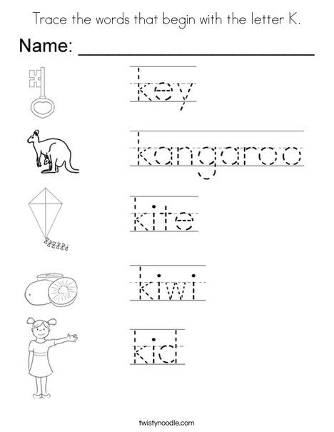 Trace the words that begin with the letter K Coloring Page - Twisty Noodle Letter K Coloring Page, Letter K Words, K Words, Words For Kindergarten, Letter A Coloring Pages, Alphabet Worksheets Kindergarten, Cursive Writing Worksheets, The Letter K, Cursive Words