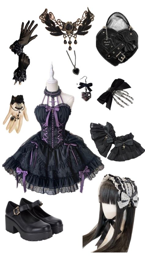 #lolita #darklolita #emololita #lolitaoutfit #dark #fashion #accessories Goth Lolitas, Goth Outfit Adopts, Goth Lolli Style Dress, Dark Magical Girl Outfit, Black Harajuku Dress For Cosplay, Magical Girl Outfit, Lolita Outfits, Dark Outfits, J Fashion