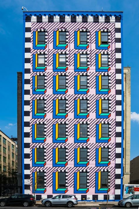 Surreal Architecture, Camille Walala, Memphis Milano, Large Mural, Memphis Design, Playground Design, Unique Buildings, 3d Illusion, Festival Design