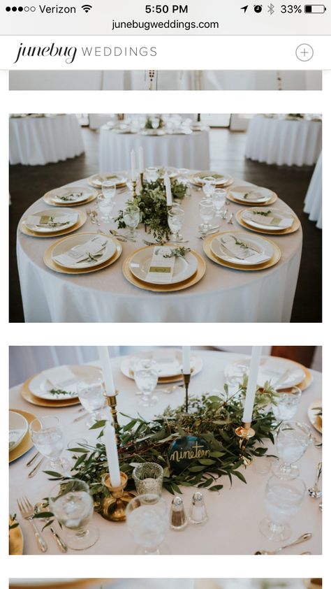 Gold chargers on white table cloths Gold Chargers Wedding Place Settings, Chargers Wedding Place Settings, Gold Chargers Wedding, Table Settings Gold, Chargers Wedding, Round Wedding Tables, Gold Table Setting, Wedding Table Designs, Gold Chargers