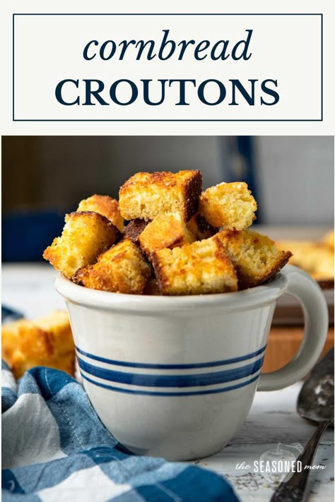 Take advantage of your leftover cornbread and make these easy cornbread croutons! Crispy, golden brown, and flavorful, the toasted cubes are a delicious addition to your next salad. The Seasoned Mom Recipes, Seasoned Mom Recipes, Creamed Corn Cornbread, Pot Of Beans, Cornbread Croutons, Ground Turkey Chili, Leftover Cornbread, Easy Cornbread, How To Make Cornbread