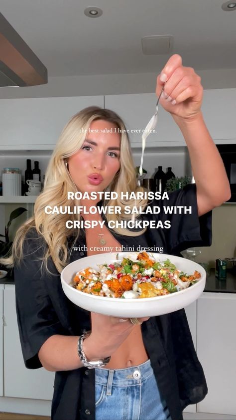 emthenutritionist • Original Audio Harissa Roasted Cauliflower Salad, Em The Nutritionist Recipes, Em The Nutritionist, Chickpea Harissa, Harrisa Paste, Nutritionist Recipes, English Roast, Crispy Chickpea, Rose Harissa